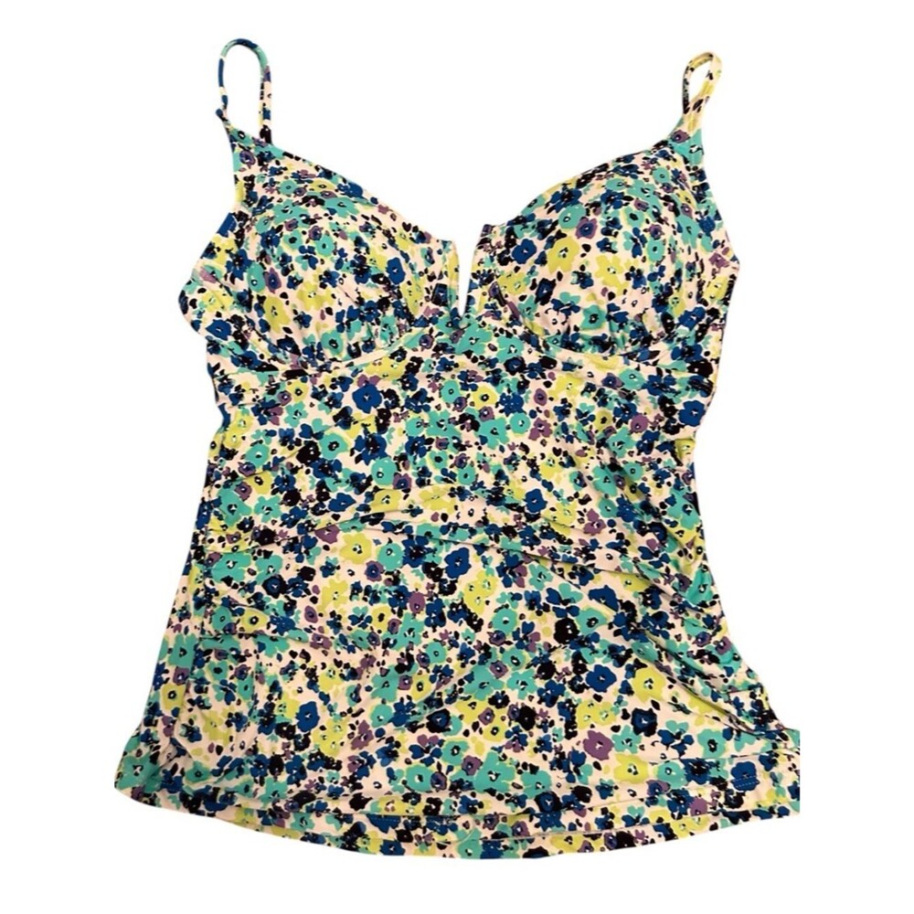 ANNE COLE Floral Tankini Top with Built-In Bra - Blue/Green Print Size M - NWT